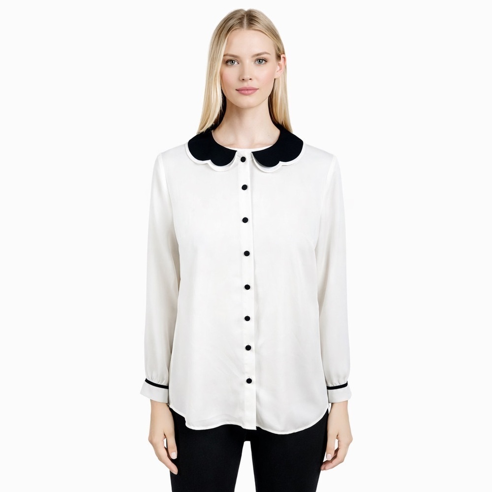 Modcloth Peter Pan Collar Button Up Blouse Black Trim Ivory Classic Retro Size M